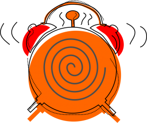 Artystyczna grafika w kolorze pomarańczowym i czerwonym. Grafika przedstawia budzik